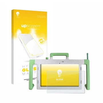 Face avant d’un emballage produit avec le logo de la marque upscreen. À côté, l’appareil Telemarie Tablet 10.1