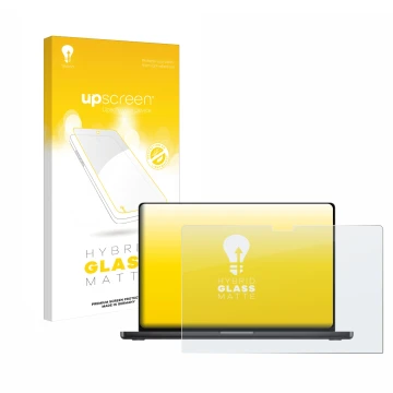 Face avant d’un emballage produit avec le logo de la marque upscreen. À côté, l’appareil Apple MacBook Pro 16