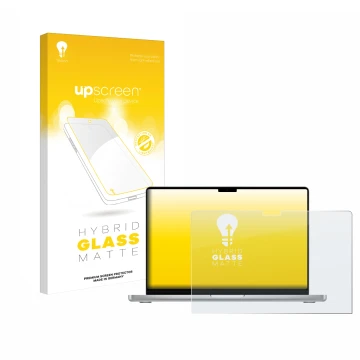 Face avant d’un emballage produit avec le logo de la marque upscreen. À côté, l’appareil Apple MacBook Pro 14