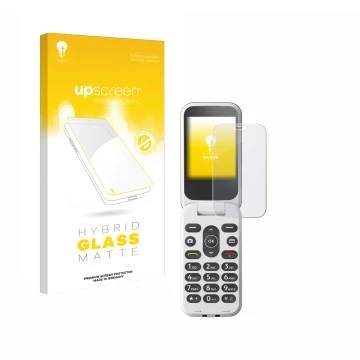 Face avant d’un emballage produit avec le logo de la marque upscreen. À côté, l’appareil Doro 2820 est représenté avec la prot