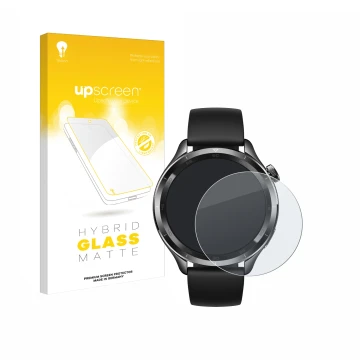 Face avant d’un emballage produit avec le logo de la marque upscreen. À côté, l’appareil Xiaomi Watch S4 (47 mm) est représent