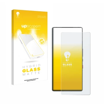 Face avant d’un emballage produit avec le logo de la marque upscreen. À côté, l’appareil ZTE Nubia Red Magic 10 Pro+ est repré