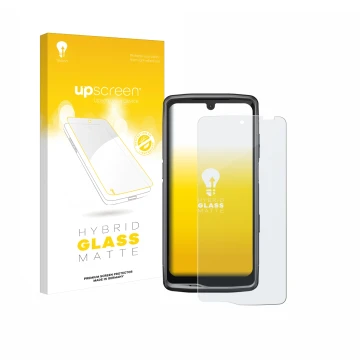 Face avant d’un emballage produit avec le logo de la marque upscreen. À côté, l’appareil Crosscall Stellar M6 est représenté a