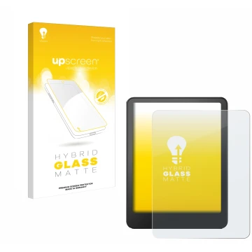 Face avant d’un emballage produit avec le logo de la marque upscreen. À côté, l’appareil Amazon Kindle Paperwhite 2024 (12. Ge