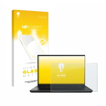 Face avant d’un emballage produit avec le logo de la marque upscreen. À côté, l’appareil Razer Blade 16 2024 est représenté av