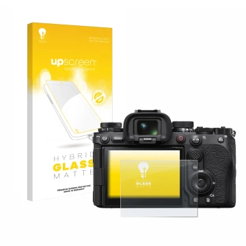 Face avant d’un emballage produit avec le logo de la marque upscreen. À côté, l’appareil Sony Alpha 1 II (ILCE1M2B) est représ