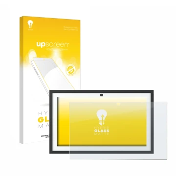 Face avant d’un emballage produit avec le logo de la marque upscreen. À côté, l’appareil Amazon Echo Show 15 2024 est représen