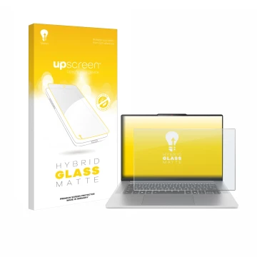 Face avant d’un emballage produit avec le logo de la marque upscreen. À côté, l’appareil Lenovo IdeaPad Slim 5 Gen 10 15