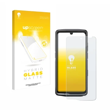 Face avant d’un emballage produit avec le logo de la marque upscreen. À côté, l’appareil Crosscall Stellar M6E est représenté 