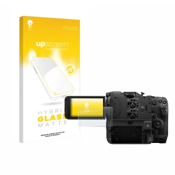 Face avant d’un emballage produit avec le logo de la marque upscreen. À côté, l’appareil Canon EOS C400 est représenté avec la