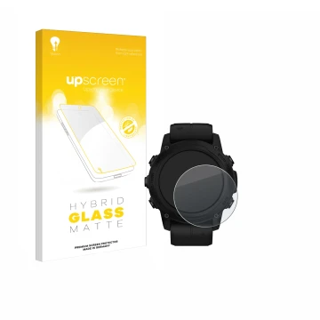 Face avant d’un emballage produit avec le logo de la marque upscreen. À côté, l’appareil Garmin Descent G1 Solar est représent