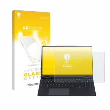 Face avant d’un emballage produit avec le logo de la marque upscreen. À côté, l’appareil Tuxedo InfinityBook Pro 15 Gen 9 est 