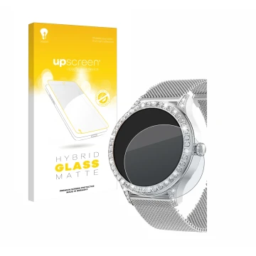 Face avant d’un emballage produit avec le logo de la marque upscreen. À côté, l’appareil Powerwill Smartwatch 1.27