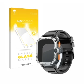 Face avant d’un emballage produit avec le logo de la marque upscreen. À côté, l’appareil HS Smartwatch 2