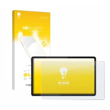 Face avant d’un emballage produit avec le logo de la marque upscreen. À côté, l’appareil Lenovo Tab K11 Plus est représenté av