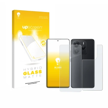 Face avant d’un emballage produit avec le logo de la marque upscreen. À côté, l’appareil Xiaomi Redmi Note 14 (Avant+Arrière) 