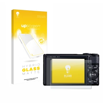 Face avant d’un emballage produit avec le logo de la marque upscreen. À côté, l’appareil Canon PowerShot SX740 HS Lite est rep