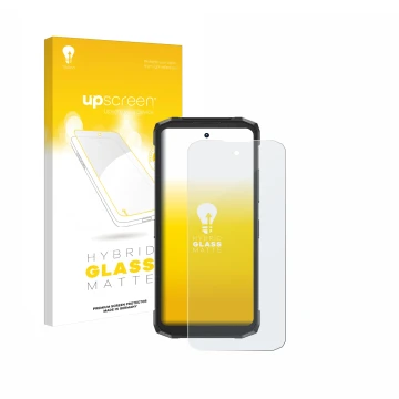 Face avant d’un emballage produit avec le logo de la marque upscreen. À côté, l’appareil Doogee Fire 6 Power est représenté av