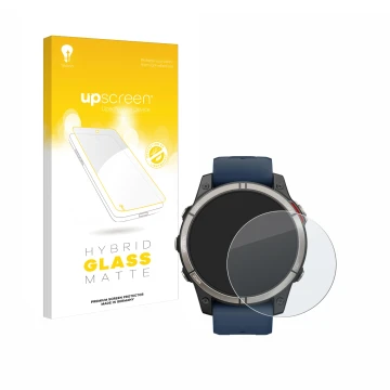 Face avant d’un emballage produit avec le logo de la marque upscreen. À côté, l’appareil Garmin quatix 7 Pro est représenté av