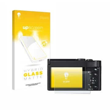 Face avant d’un emballage produit avec le logo de la marque upscreen. À côté, l’appareil Panasonic Lumix DC-TZ99 est représent