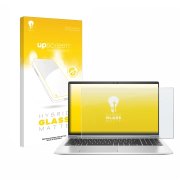 Face avant d’un emballage produit avec le logo de la marque upscreen. À côté, l’appareil HP EliteBook 650 G10 est représenté a