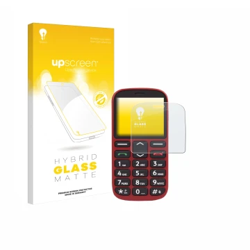 Face avant d’un emballage produit avec le logo de la marque upscreen. À côté, l’appareil Doro 1360 est représenté avec la prot