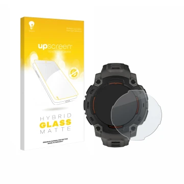 Face avant d’un emballage produit avec le logo de la marque upscreen. À côté, l’appareil Garmin Instinct E (45 mm) est représe