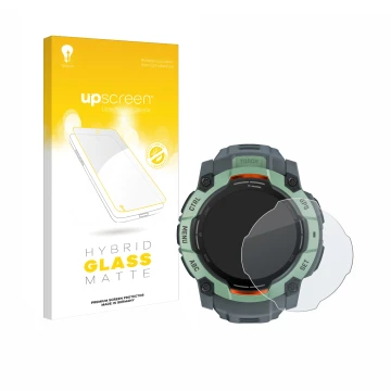 Face avant d’un emballage produit avec le logo de la marque upscreen. À côté, l’appareil Garmin Instinct 3 AMOLED (50 mm) est 