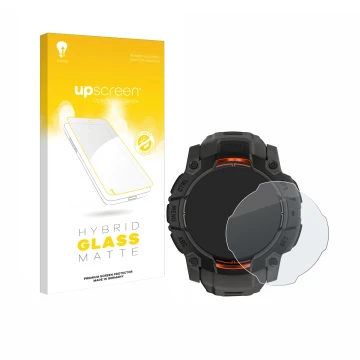 Face avant d’un emballage produit avec le logo de la marque upscreen. À côté, l’appareil Garmin Instinct 3 Solar (50 mm) est r
