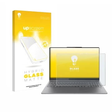 Face avant d’un emballage produit avec le logo de la marque upscreen. À côté, l’appareil Lenovo Yoga 7 2-in-1 Gen 10 16