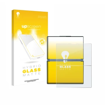 Face avant d’un emballage produit avec le logo de la marque upscreen. À côté, l’appareil Lenovo Yoga Book 9i Gen 10 est représ