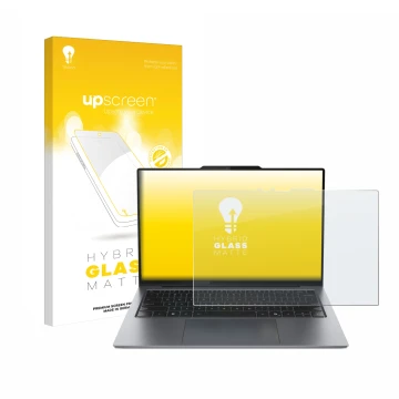 Face avant d’un emballage produit avec le logo de la marque upscreen. À côté, l’appareil Lenovo ThinkPad X9 15 Aura Edition 15