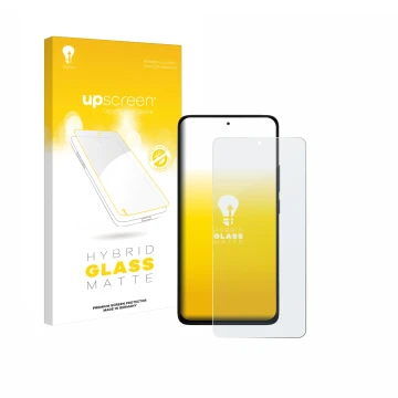 Face avant d’un emballage produit avec le logo de la marque upscreen. À côté, l’appareil Xiaomi Redmi Note 14 4G est représent