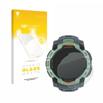 Face avant d’un emballage produit avec le logo de la marque upscreen. À côté, l’appareil Garmin Instinct 3 AMOLED (45 mm) est 