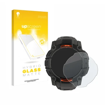 Face avant d’un emballage produit avec le logo de la marque upscreen. À côté, l’appareil Garmin Instinct 3 Solar (45 mm) est r