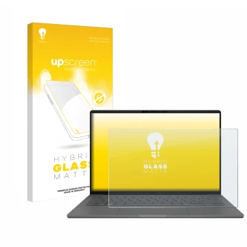 Face avant d’un emballage produit avec le logo de la marque upscreen. À côté, l’appareil ASUS ZenBook A14 UX3407 est représent