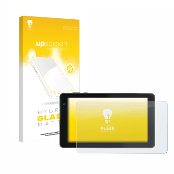 Face avant d’un emballage produit avec le logo de la marque upscreen. À côté, l’appareil Lisciani Mio Tab 7 est représenté ave