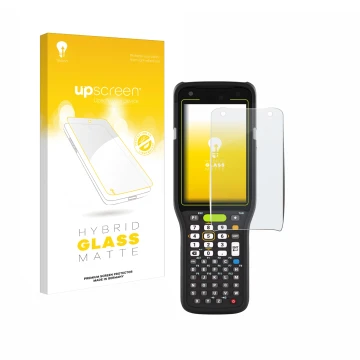 Face avant d’un emballage produit avec le logo de la marque upscreen. À côté, l’appareil Zebra MC3400 est représenté avec la p