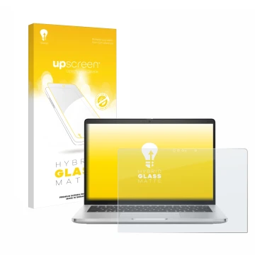 Face avant d’un emballage produit avec le logo de la marque upscreen. À côté, l’appareil Dell Pro 14 Plus 2-in-1 PB14250 est r