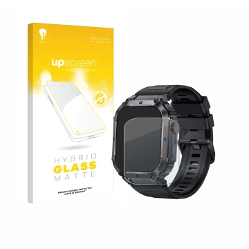 Face avant d’un emballage produit avec le logo de la marque upscreen. À côté, l’appareil bedee Smartwatch 1.96
