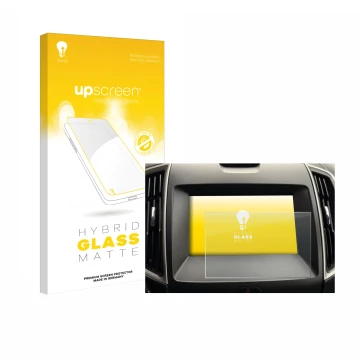 Face avant d’un emballage produit avec le logo de la marque upscreen. À côté, l’appareil Ford Galaxy Infotainment Sync 3 (2019