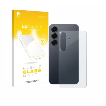 Face avant d’un emballage produit avec le logo de la marque upscreen. À côté, l’appareil Samsung Galaxy S25 (Arrière) est repr