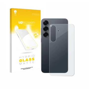 Face avant d’un emballage produit avec le logo de la marque upscreen. À côté, l’appareil Samsung Galaxy S25 Plus (Arrière) est