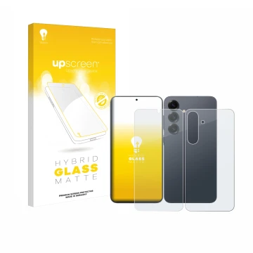 Face avant d’un emballage produit avec le logo de la marque upscreen. À côté, l’appareil Samsung Galaxy S25 Plus (Avant+Arrièr