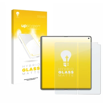 Face avant d’un emballage produit avec le logo de la marque upscreen. À côté, l’appareil Huawei Mate X6 (Affichage interne) es