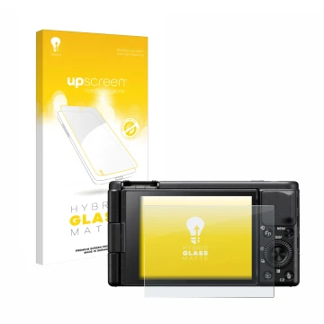 Face avant d’un emballage produit avec le logo de la marque upscreen. À côté, l’appareil Sony ZV-1A est représenté avec la pro