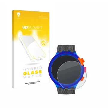Face avant d’un emballage produit avec le logo de la marque upscreen. À côté, l’appareil Swatch Neon Party est représenté avec