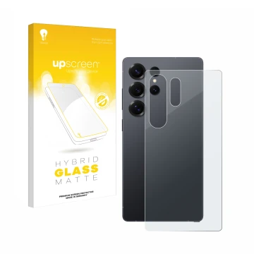 Face avant d’un emballage produit avec le logo de la marque upscreen. À côté, l’appareil Samsung Galaxy S25 Ultra Enterprise E