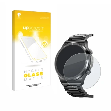 Face avant d’un emballage produit avec le logo de la marque upscreen. À côté, l’appareil Banlvs Smartwatch 1.39