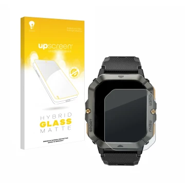 Face avant d’un emballage produit avec le logo de la marque upscreen. À côté, l’appareil Banlvs Smartwatch 2.02